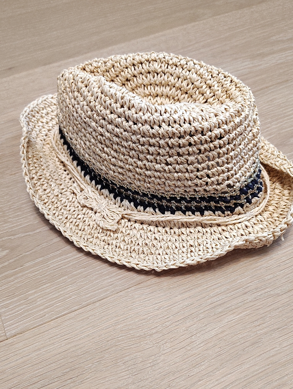 Mayoral Beige Crochet Straw Hat with Black Band